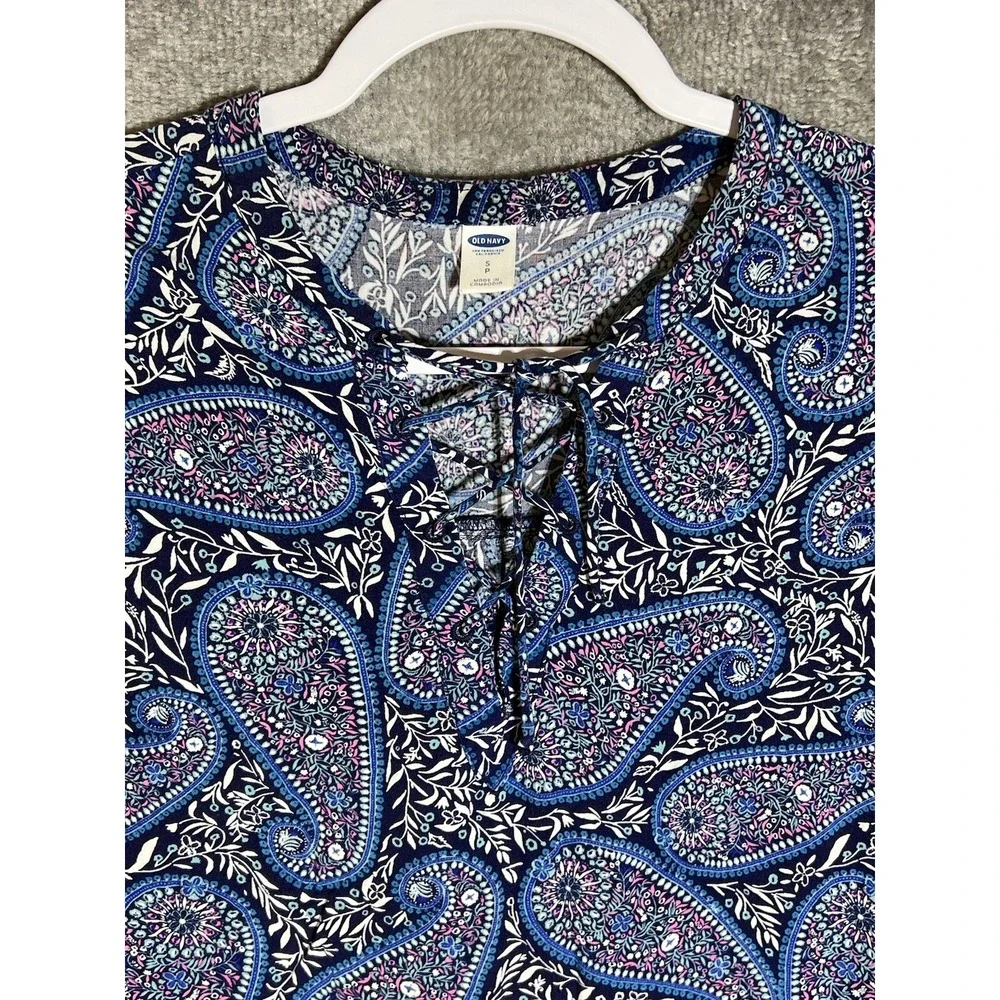 Old Navy Shift Dress Womens Size S Blue Paisley Lace Up Neckline Short Sleeve